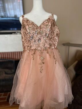 Sparkling Peach Mini Tulle Dress with Floral Sequin Bodice